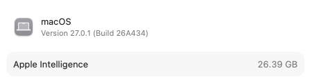 A macOS storage status showing Apple Intelligence using 26.39 gigabytes of space.