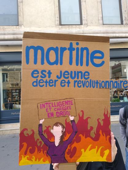 Une pancarte façon livre de la série « Martine ».
Sur la pancarte, une jeune femme, sur fond de flammes, tient une pancarte « Intelligente et chargée en droits » et de titre « Martine est jeune déter et révolutionnaire ».