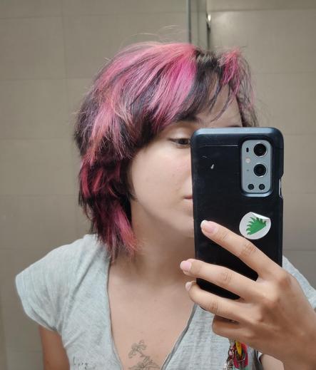 Persona de pelo rosa fucsia y negro, la cara se ve solo parcialmente, tapada por el móvil
