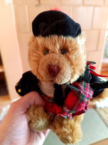 Haggis the old Scotsbear, with a mended white shirt and black tie. He's looking at the camera expecting his bagpipes to work again soon.