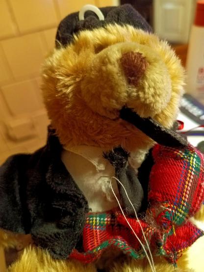Close-up of a bear with a bagpipes and a hole in his shirt with a needle and thread stuck in near it. The bagpipe chanter also seems to have torn away.