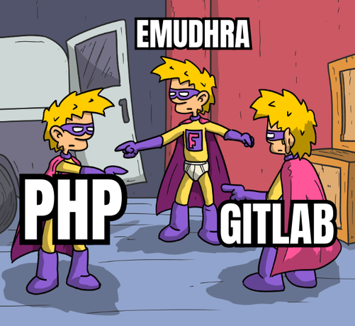 Mème : trois Superflu se regardent en se pointant du doigt. Le premier est tagué « PHP », le second « eMudhra » et le troisième « gitlab ».