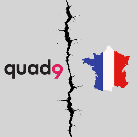 ‘quad9,’ logo beside a cracked vertical divide and a blue-white-red map of France.