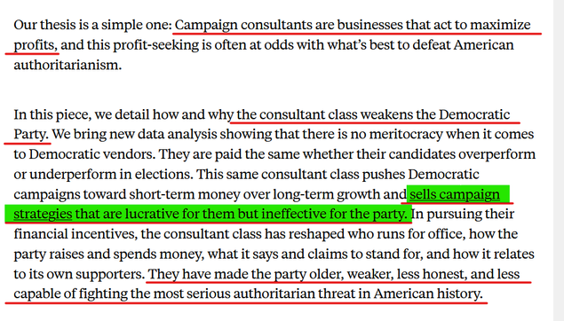 Text from article:
Our thesis is a simple one: Campaign consultants are businesses that act to maximize profits, and this profit-seeking is often at odds with what’s best to defeat American authoritarianism.
In this piece, we detail how and why the consultant class weakens the Democratic Party. We bring new data analysis showing that there is no meritocracy when it comes to Democratic vendors. They are paid the same whether their candidates overperform or underperform in elections. This same consultant class pushes Democratic campaigns toward short-term money over long-term growth and sells campaign strategies that are lucrative for them but ineffective for the party. In pursuing their financial incentives, the consultant class has reshaped who runs for office, how the party raises and spends money, what it says and claims to stand for, and how it relates to its own supporters. They have made the party older, weaker, less honest, and less capable of fighting the most serious authoritarian threat in American history.