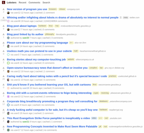 screen shot of the lobste.rs front page