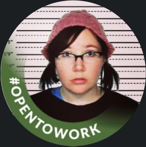 Screenshot of a fake LinkedIn profile pic with an OpenToWork banner on a fake mugshot of a woman wearing a pink knit cap.
