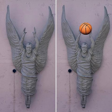 Statue of an angel on the side of a building. It has its hands up, almost like it's doing a basketball free throw, so a second image has been placed next to it and edited to put a basketball in their hands.