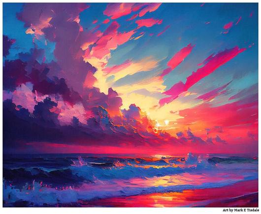 Digital art showing a sunset scene over the ocean. The sun itself is behind clouds but the light from it is is shining upward into the sky coloring the clouds and illuminating the sky. The colors are mostly hues of pink and blue which are reflecting in the water in the foreground.