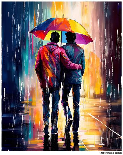 Colorful digital art showing two men seen from behind under an umbrella together in the rain. One man has his arm around the other and they are walking towards a bright light like one sometimes sees when the sun is breaking through the clouds.
