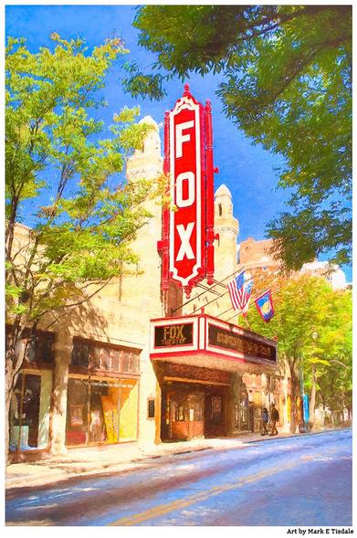 Digital art of a daytime view of the Fox Theatre in Atlanta Georgia. The large Fox sign dominates the scene and is framed by green trees in the foreground.