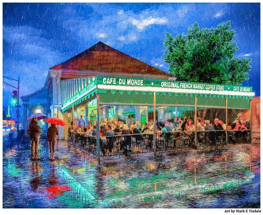 Digital art showing a rainy night time view of the Cafe du Monde in New Orleans. The covered patio is filled with people while two people nearby look on from beneath umbrellas. The whole scene is reflected in the wet pavement in the foreground.