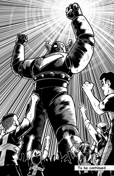 Kumiai-ki the mighty labor union mech standing with his fist raised in front of a sea of workers.